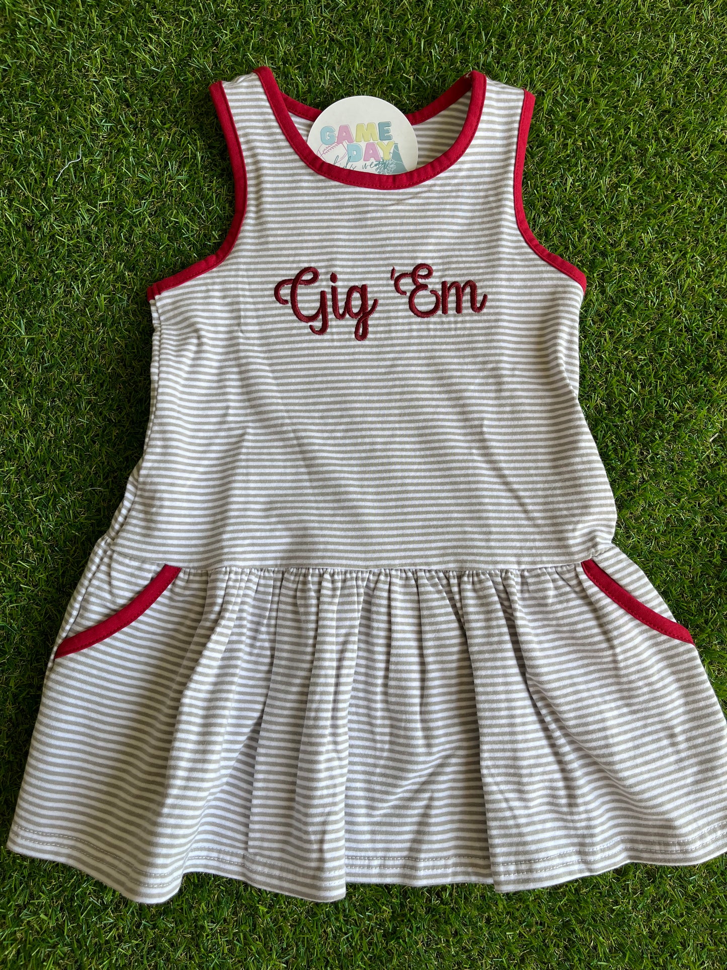 Sleeveless Bow Back Dress- Gray and Maroon with Gig Em