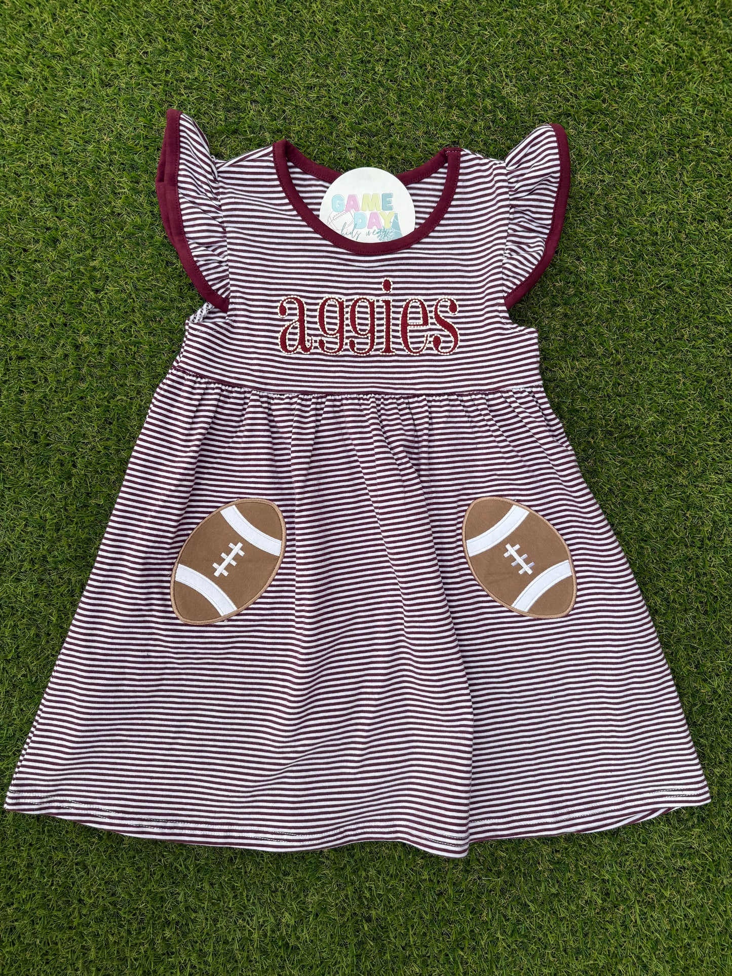 "Aggies" Fluttersleeve Maroon Stripe Dress