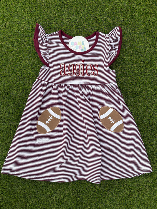 "Aggies" Fluttersleeve Maroon Stripe Dress