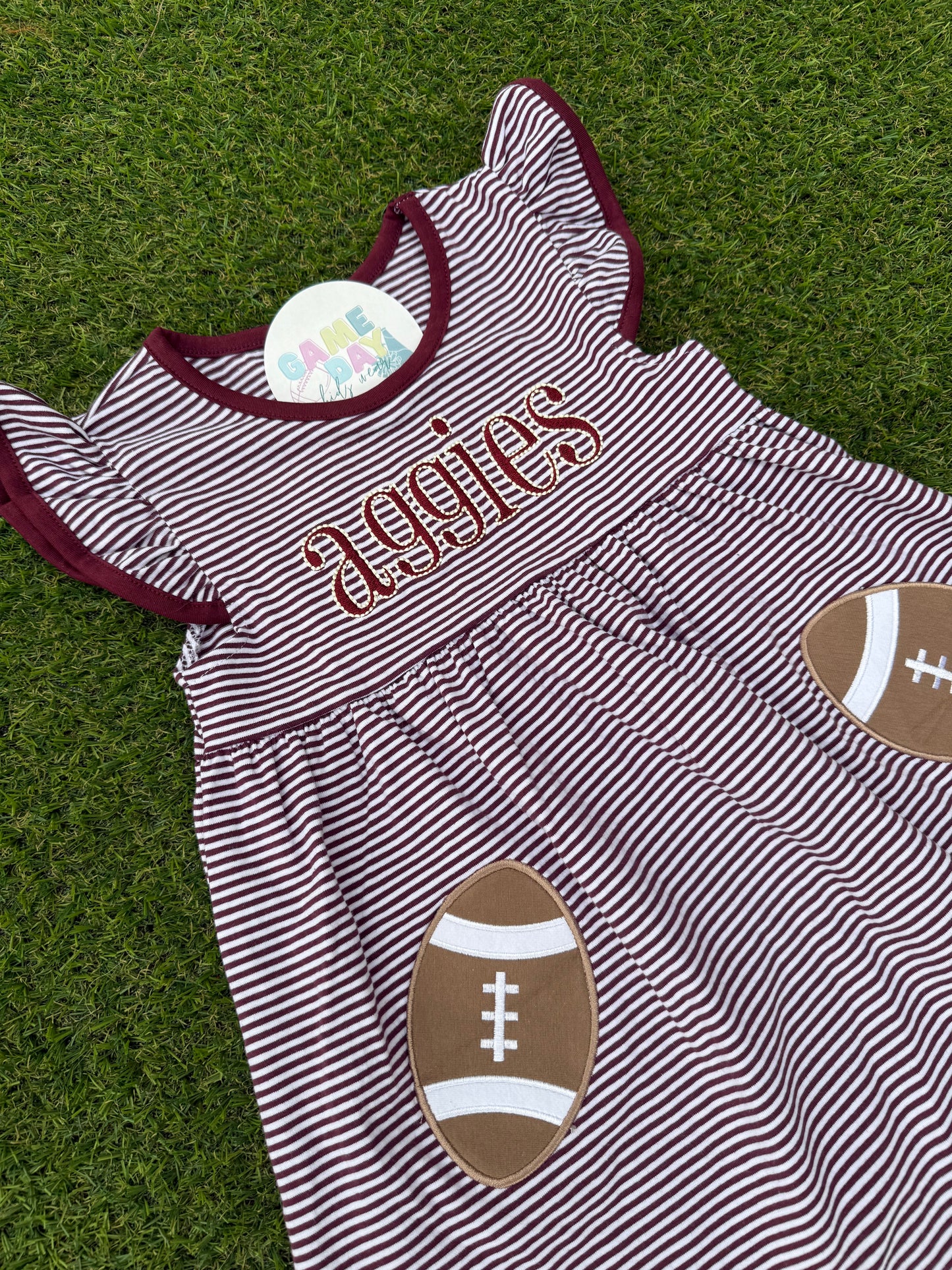 "Aggies" Fluttersleeve Maroon Stripe Dress