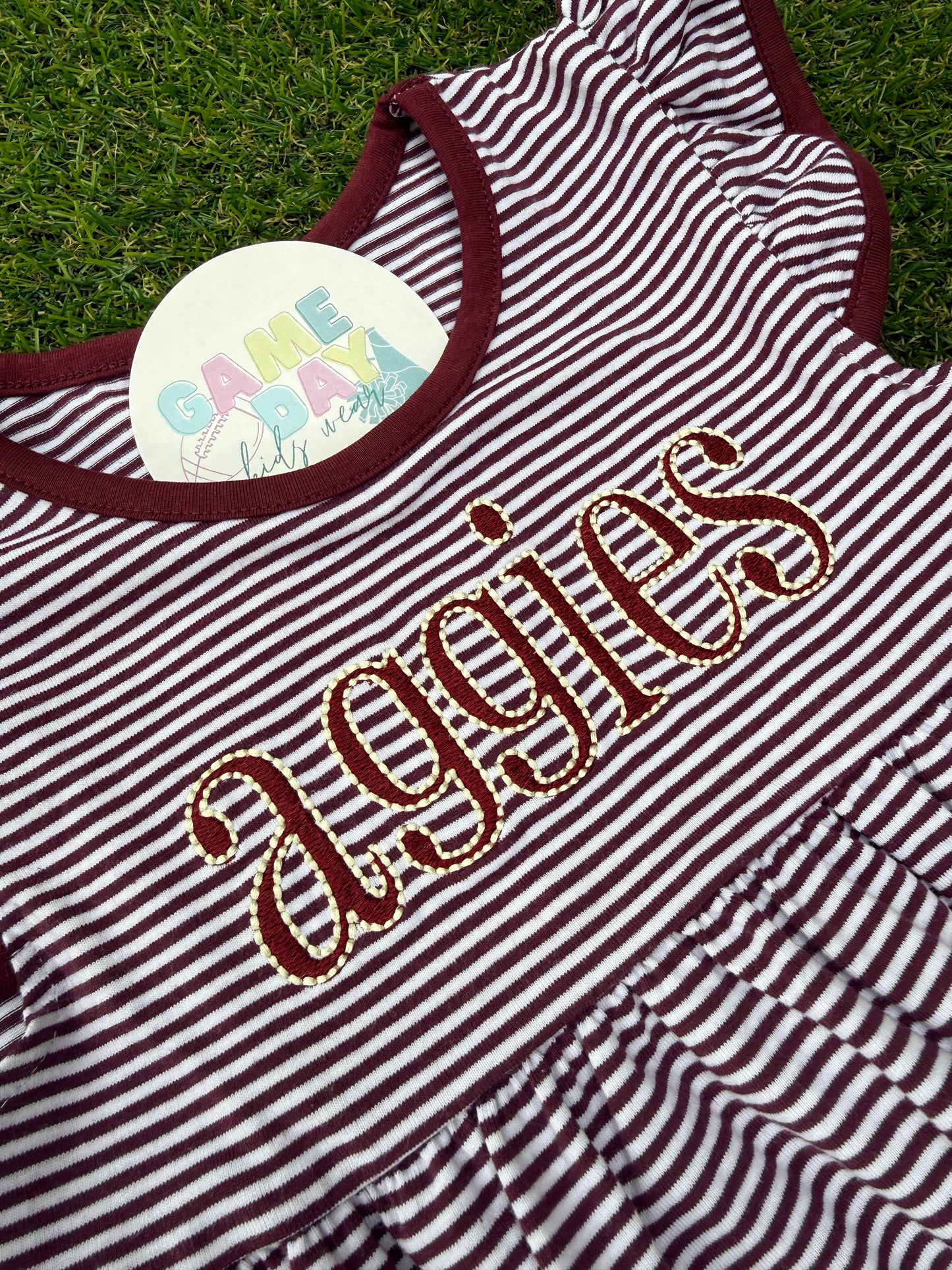 "Aggies" Fluttersleeve Maroon Stripe Dress