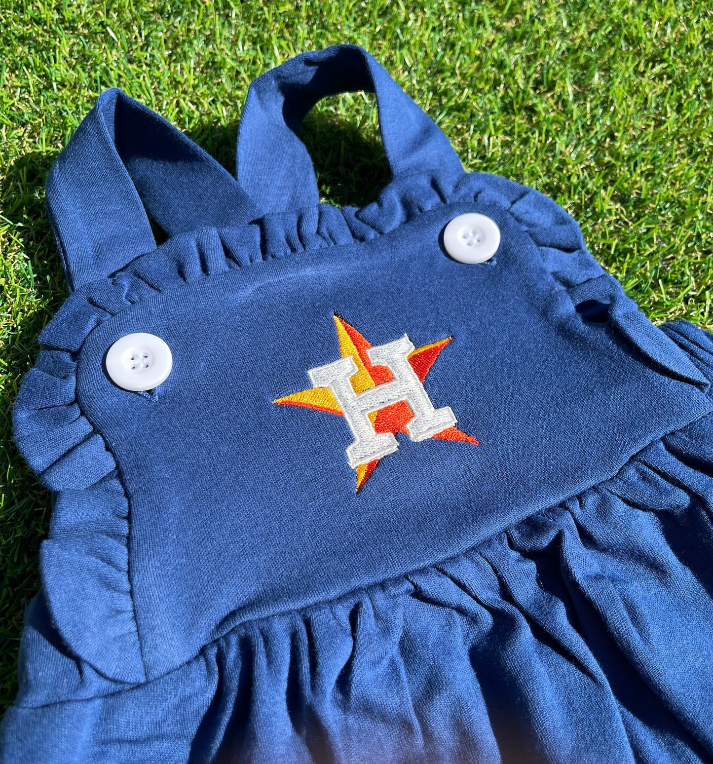 Ruffled Baby Sun Suit Navy with Astros