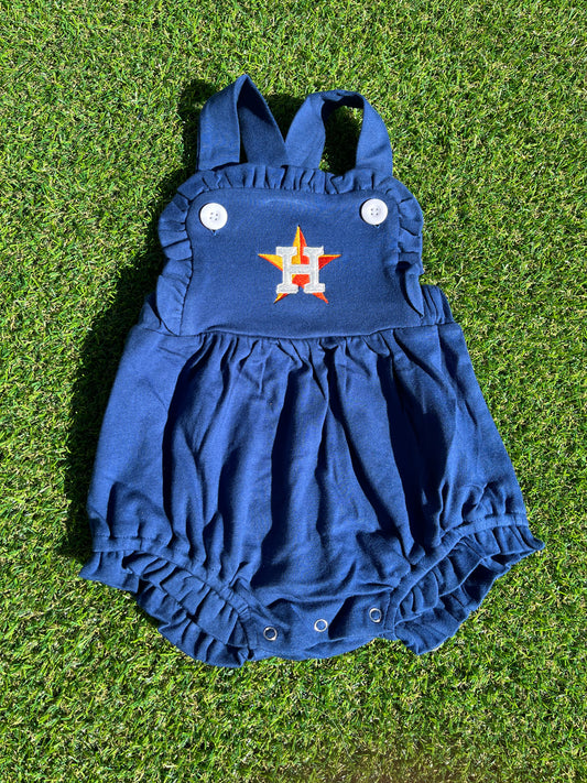 Ruffled Baby Sun Suit Navy with Astros