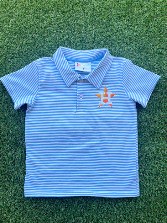 Polo Cornflower Blue Striped Short Sleeve- Astros orange logo