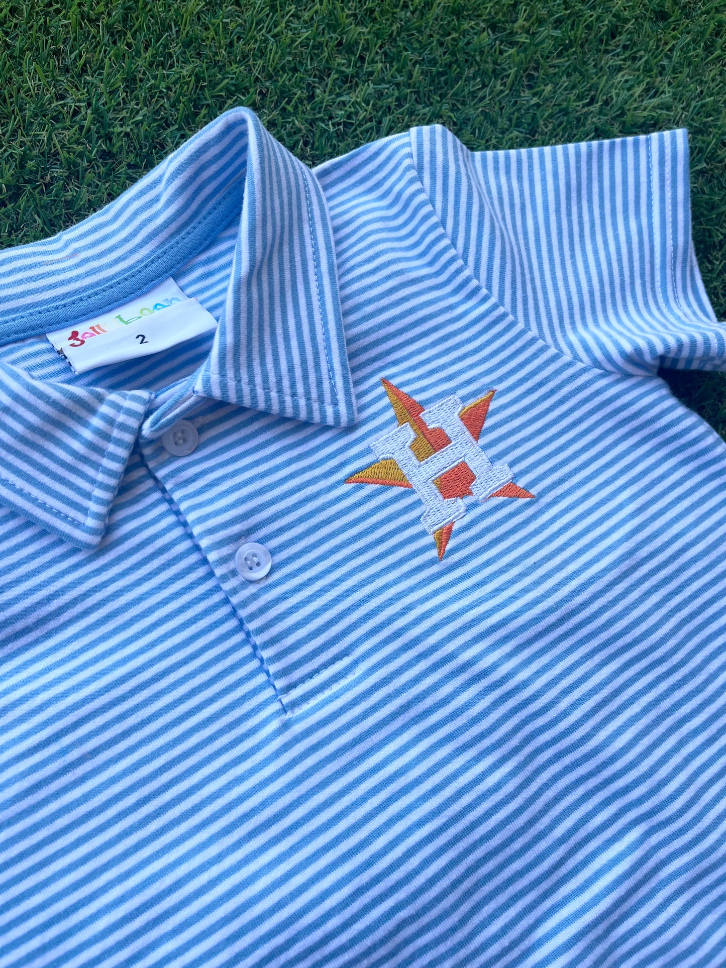 Polo Cornflower Blue Striped Short Sleeve- Astros orange logo