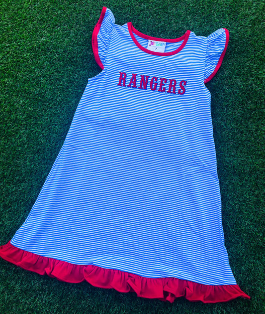 Fluttersleeve Stripe Dress- Red and Blue with Rangers