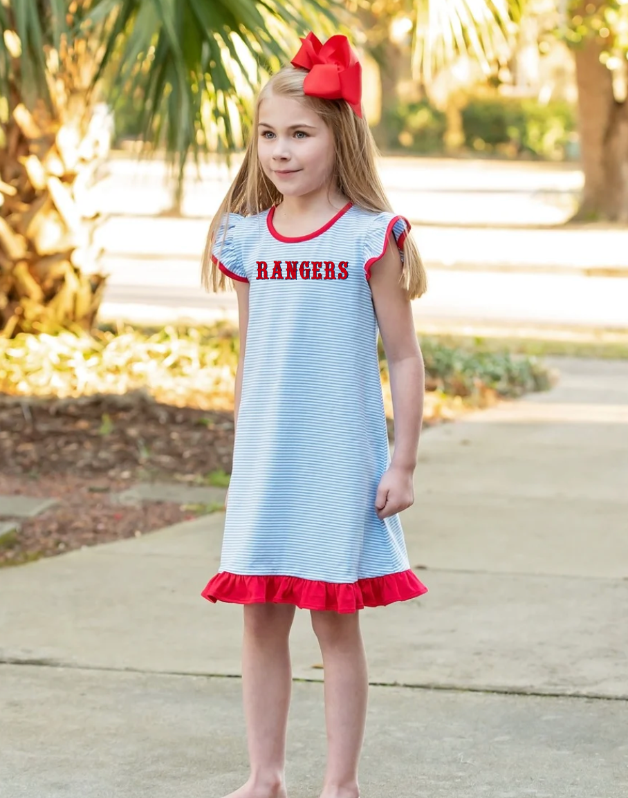 Fluttersleeve Stripe Dress- Red and Blue with Rangers